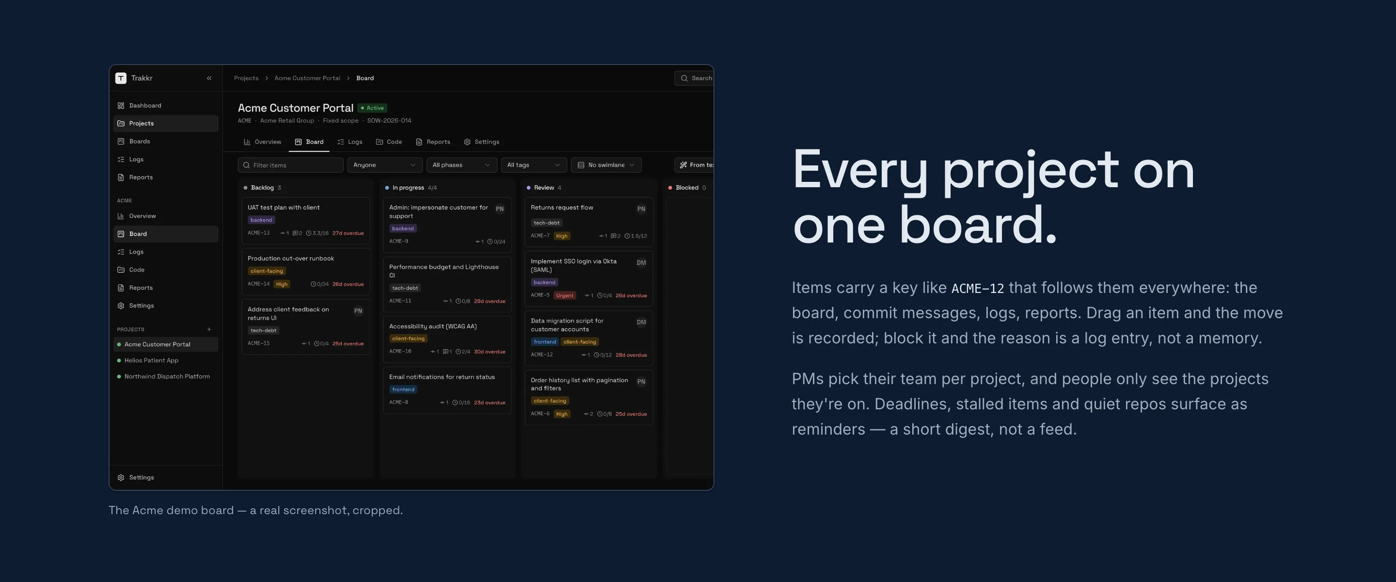 A Trakkr project board with backlog, in progress, review and blocked columns.