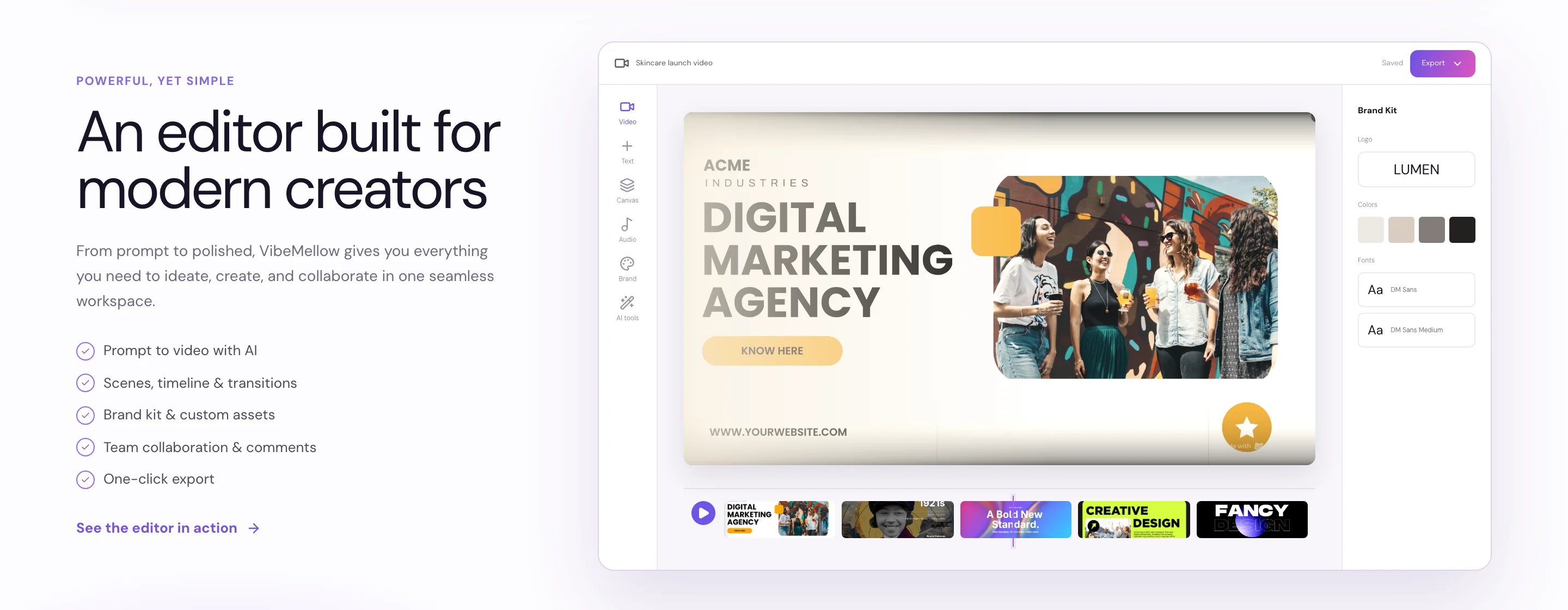 The VibeMellow editor with a video canvas, a scene timeline underneath and a brand kit panel on the right.